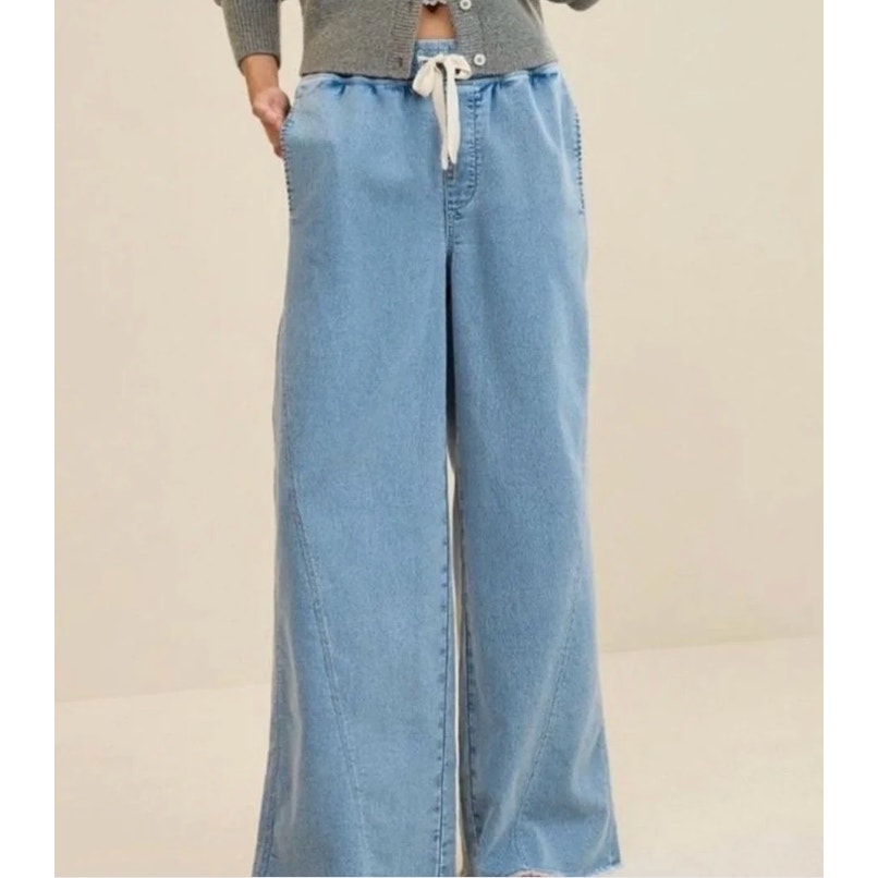 Aerie Soft Landing Trouser Wide Leg High Rise Jeans Pants Chambray Blue Large