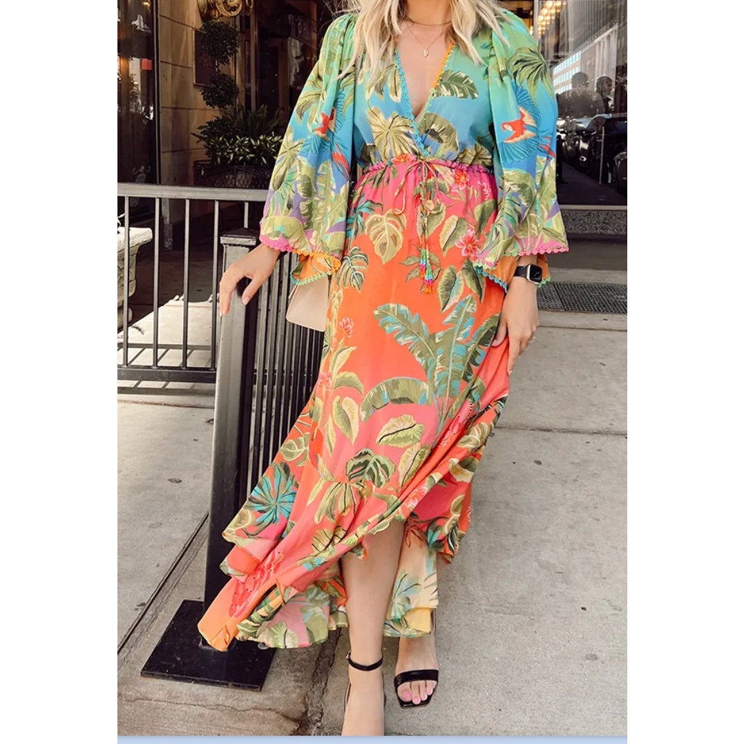 Farm Rio Ombre Forest Ruffle Long Sleeve Maxi Caftan Dress Green Blue Pink Small