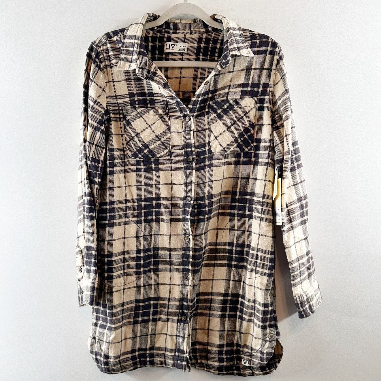 LIV Outdoor Harvest Mid-Weight Flannel Tunic Top Macadamia Plaid Small