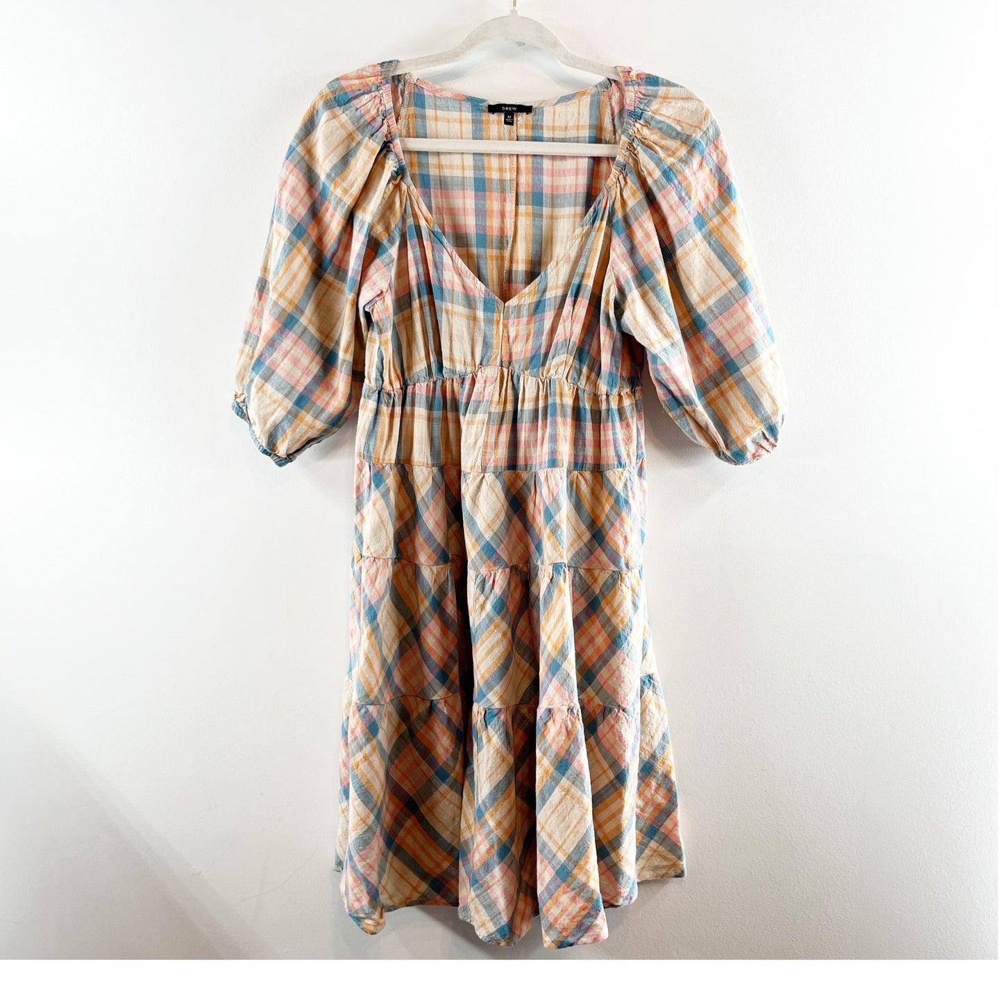 Drew Anthropologie Cotton Plaid Short Puff Sleeve Babydoll Mini Dress Yellow M