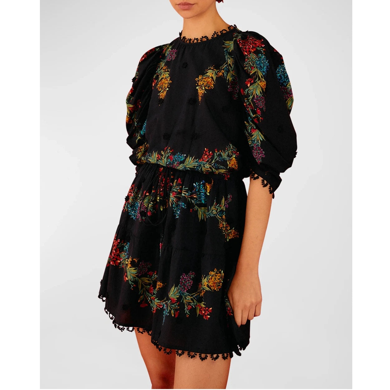 FARM Rio Louise Floral Embroidered Puff Sleeve Cotton A-Line Mini Dress Black XS