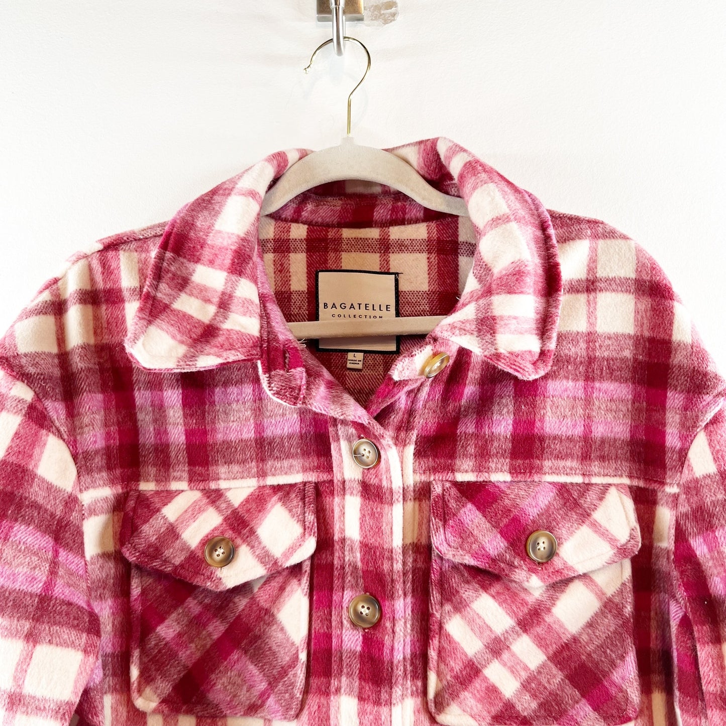 Bagatelle Long Sleeve Cropped Plaid Button Up Jacket Shacket Red Large