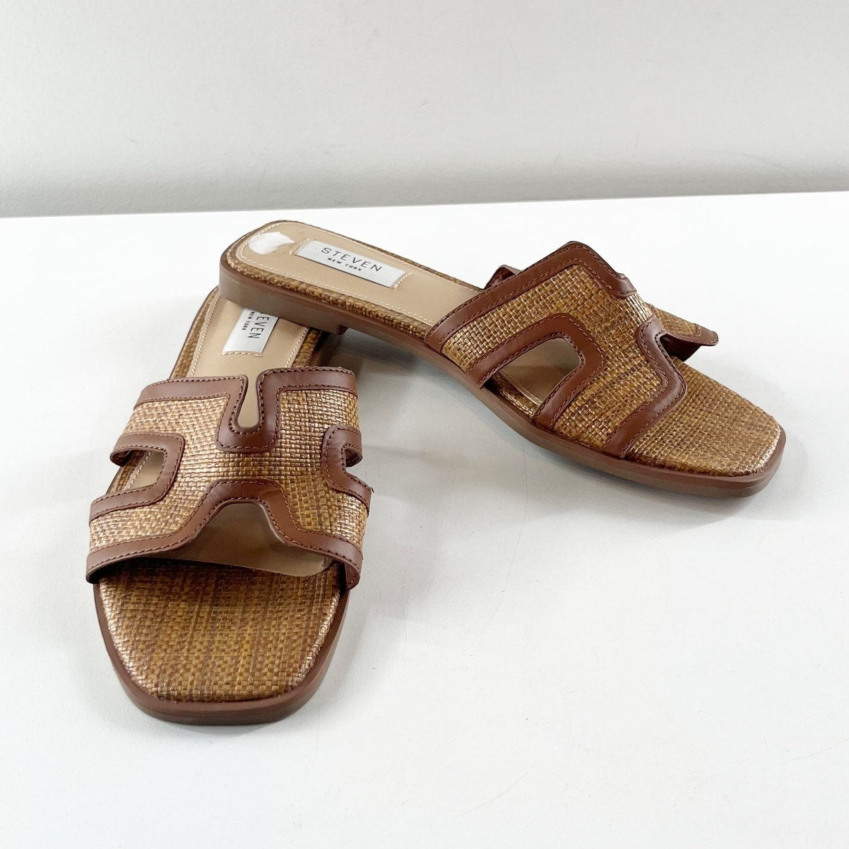 Steven New York Harlien Woven Leather Slide Open Toe Slide Sandals Brown 7.5