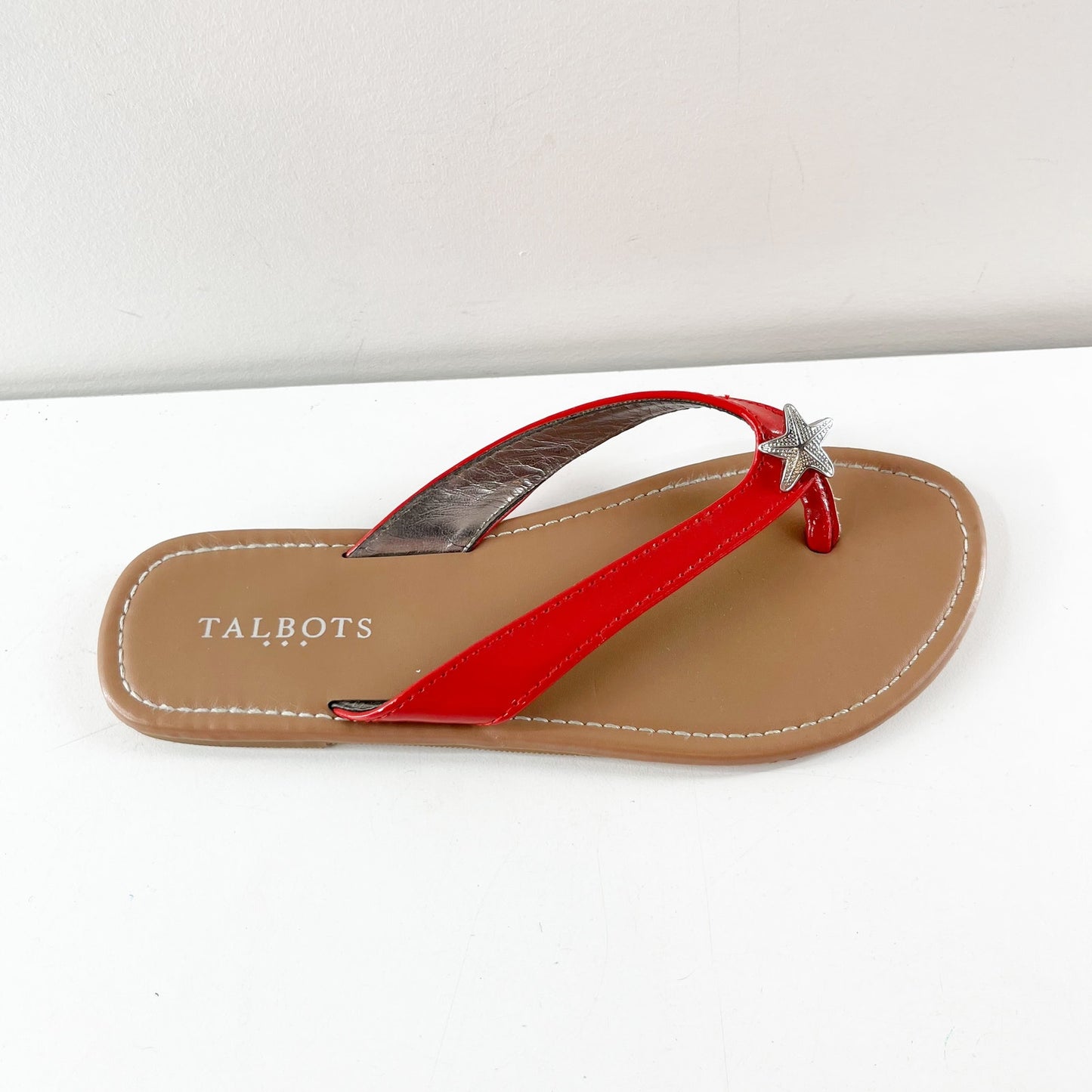 Talbots Patent Leather Silver Starfish Slip On Thong Flip Flop Sandals Red 8
