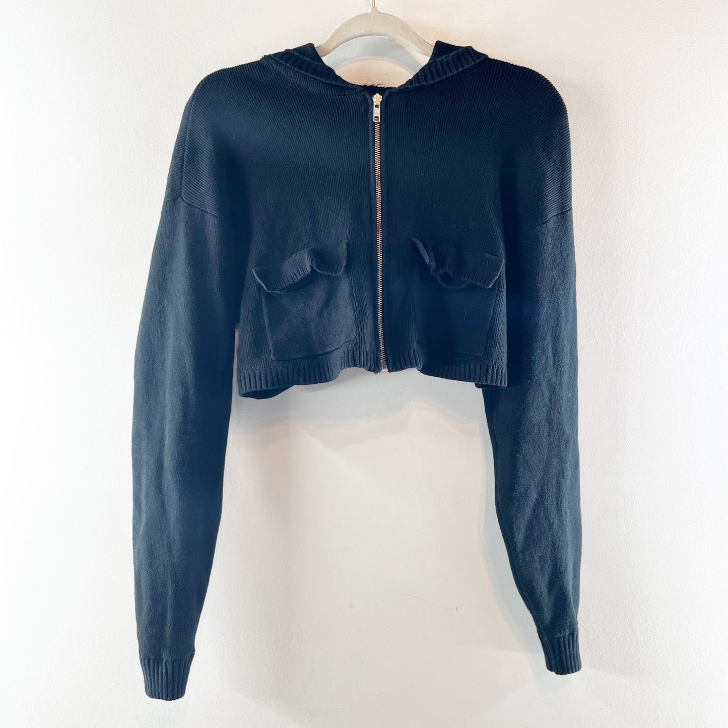 Alo Scholar Knit Cargo Full Zip Cropped Long Sleeve Cardigan Sweater Jacket XS