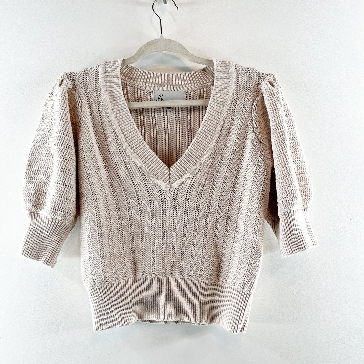 Design History Willow Cotton Puff Sleeve V-Neck Knit Pullover Sweater Cream S