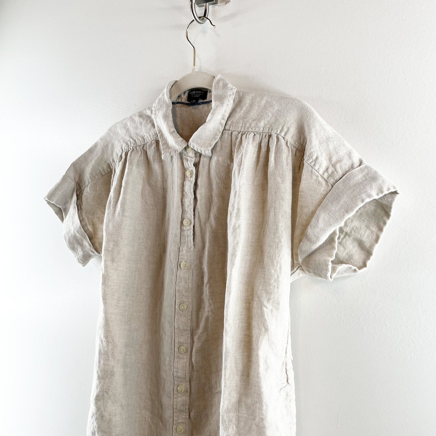 Baird McNutt Irish Linen for J. Crew Relaxed Cuffed Sleeve Shirt Dress Beige M