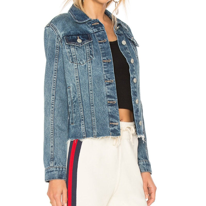 BlankNYC Denim Trucker Jacket Raw Hem Medium Wash Blue Small