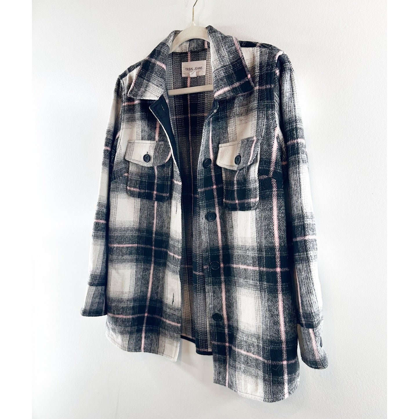 Tribal Jeans Plaid Button Up Oversized Jacket Shacket Blue Pink Small