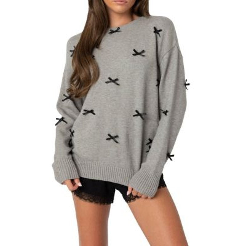 Edikted Satin Bow Applique Long Sleeve Crewneck Sweater Gray M / L