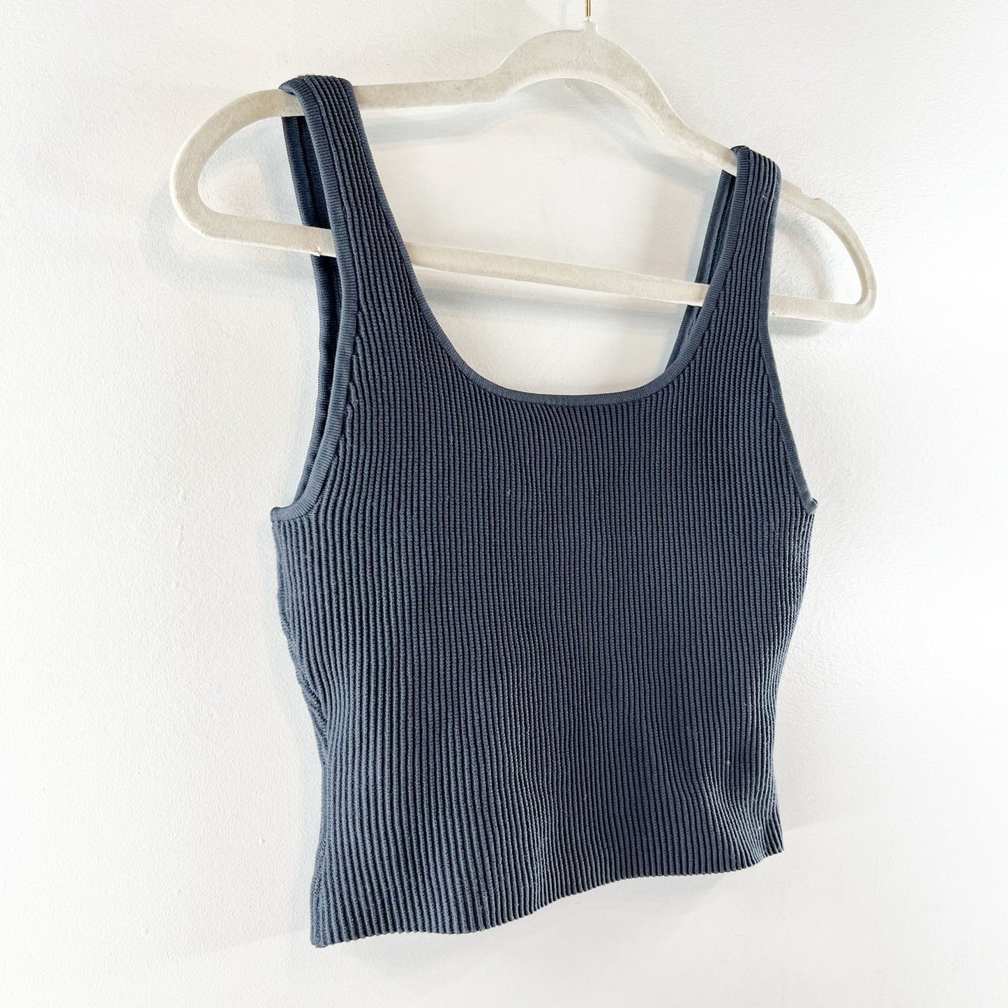 Quince Ribbed Square Neck Cropped Tank Top Gray Blue Small