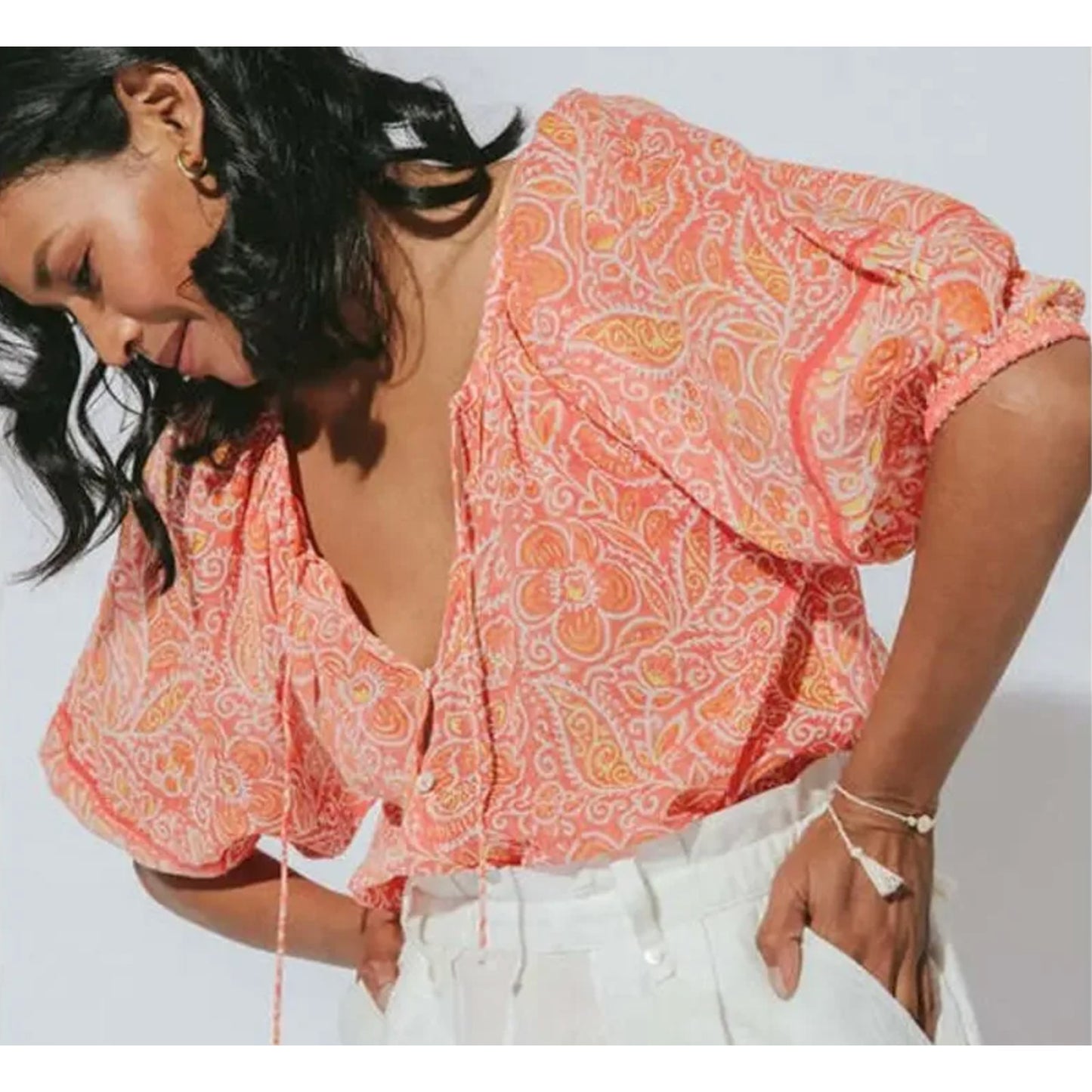 Cleobella Layla Short Puff Sleeve Button Front Tassel Drawstring Blouse Orange