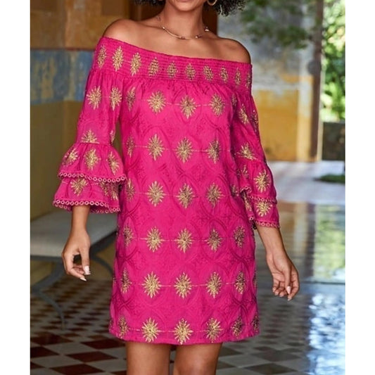 Boston Proper Off The Shoulder 3/4 Sleeve Mini Tunic Dress Pink XXS