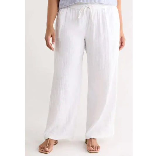 4our Dreamers Smocked Elastic Waist Gauzy Wide Leg Beach Pants White XL
