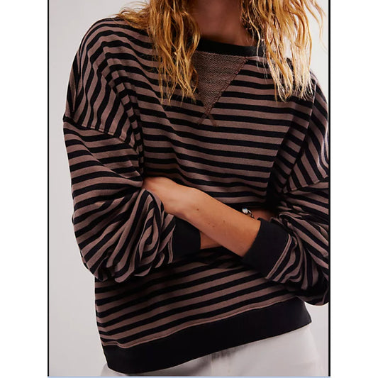 Free People Classic Striped Oversized Crewneck Sweatshirt Brown Black Medium