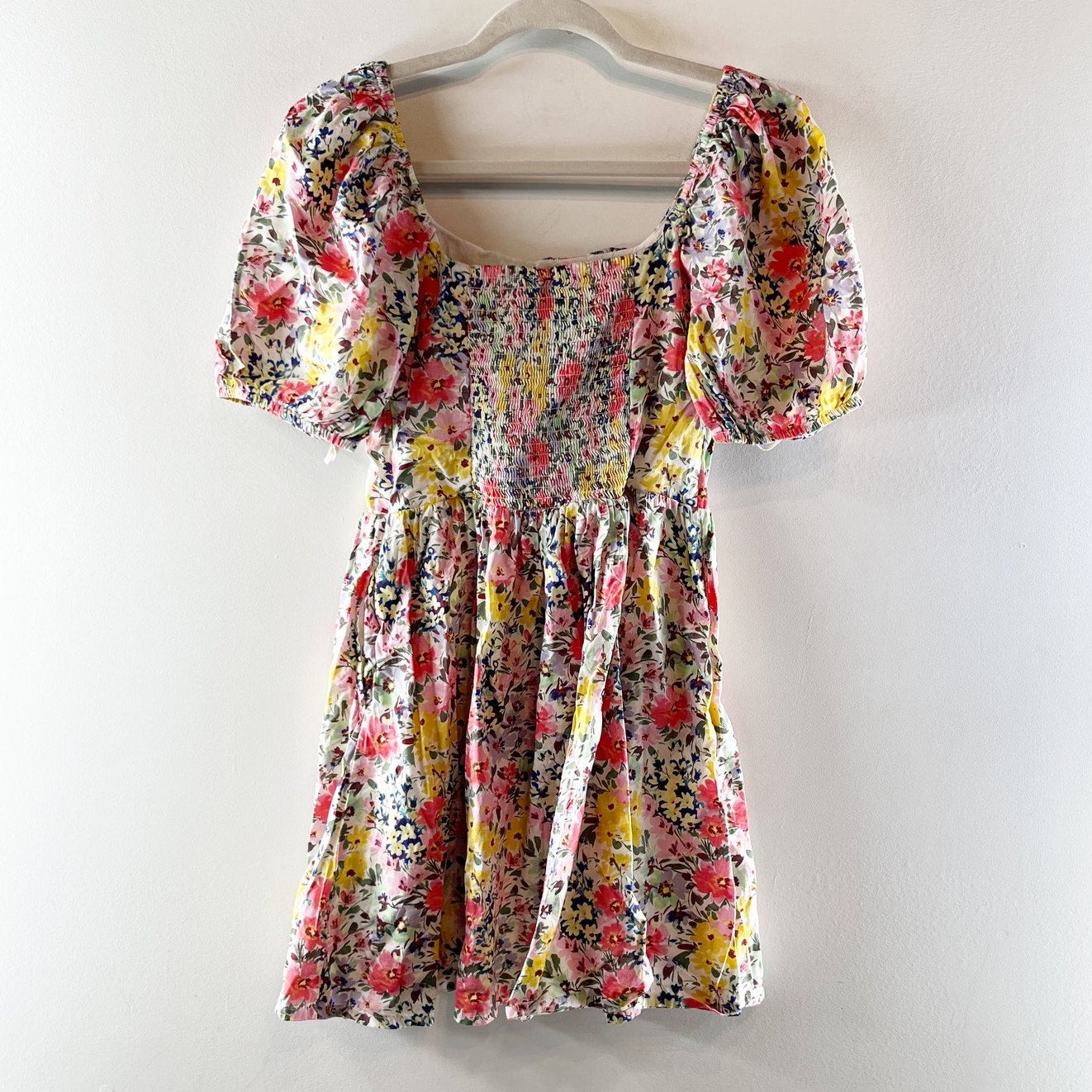 Gap Floral Puff-Sleeve Square Neck Smocked Babydoll Mini Dress Multicolor XS