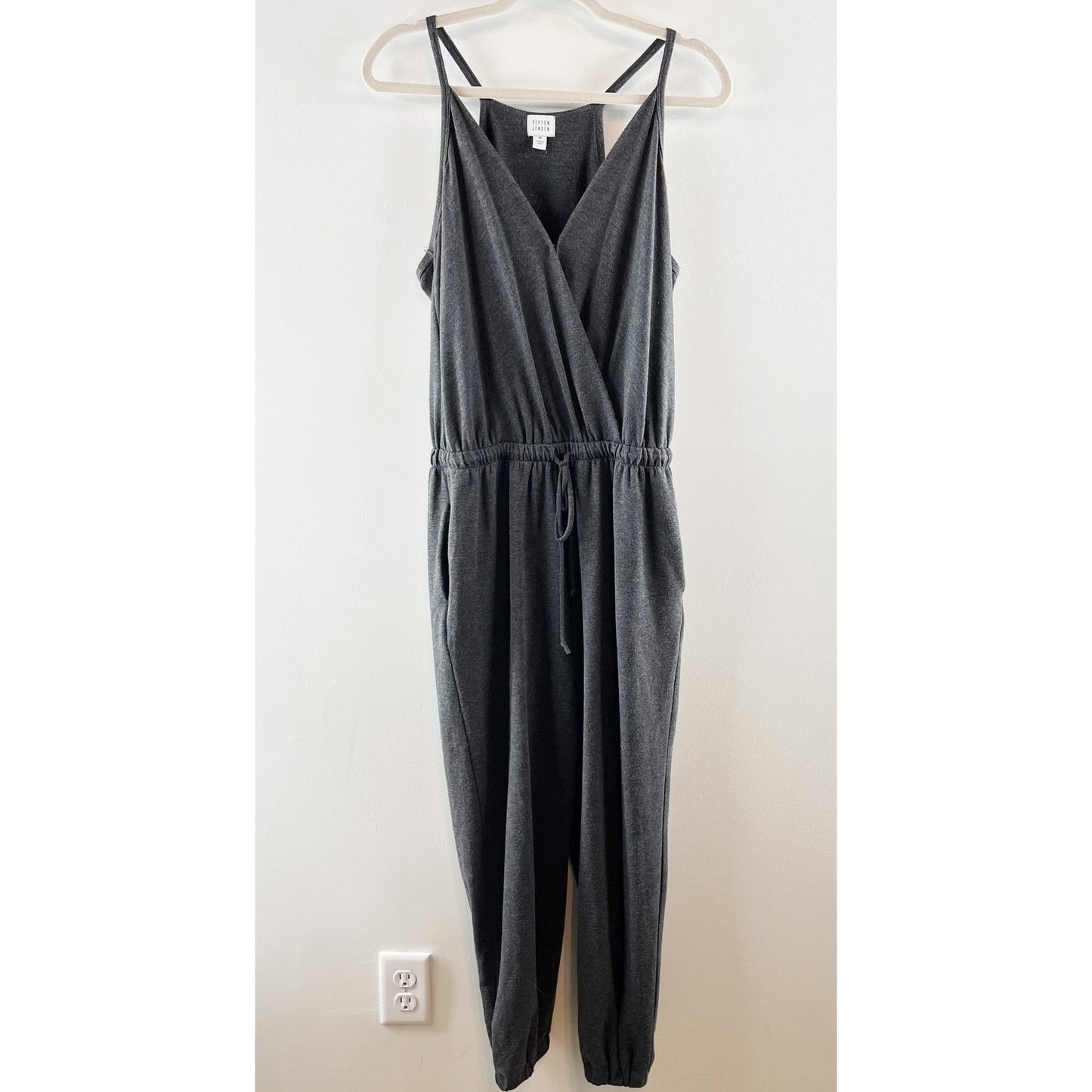 Peyton Jensen Cross Chest Cinched Waist Jumpsuit With Pockets Gray Medium