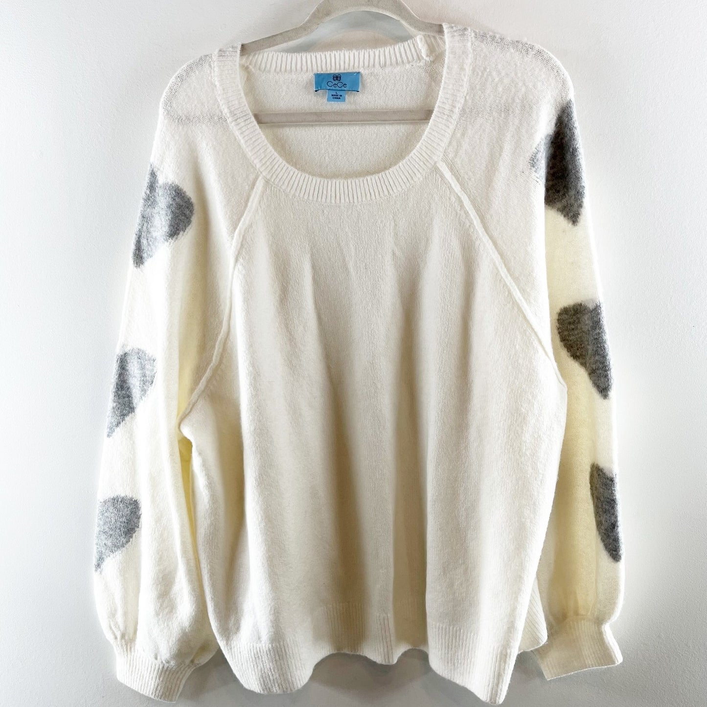 CeCe Crewneck Long Sleeve Heart Print Sweater White Gray Large