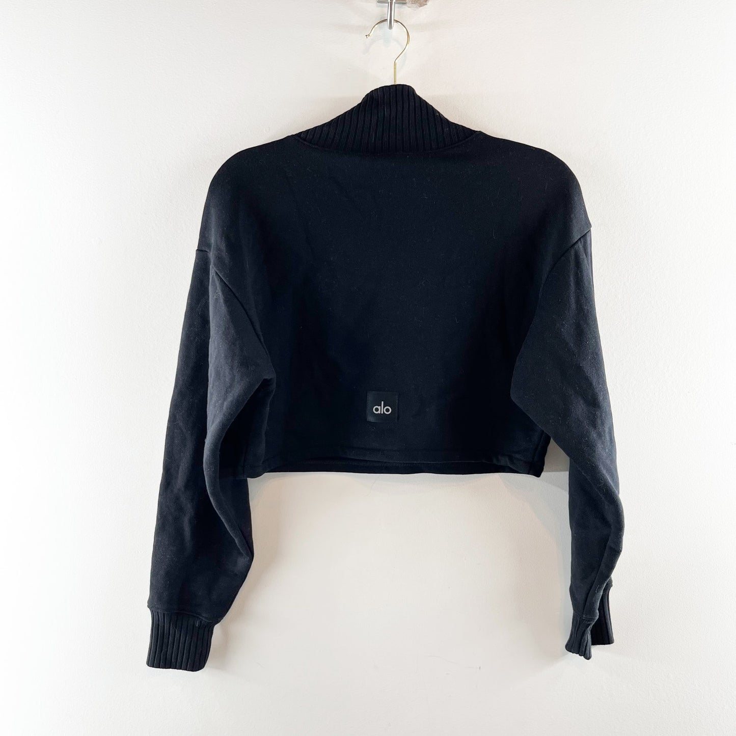 Alo Yoga Cropped Serenity Rib Mock Neck Boxy Coverup Sweatshirt Black XS