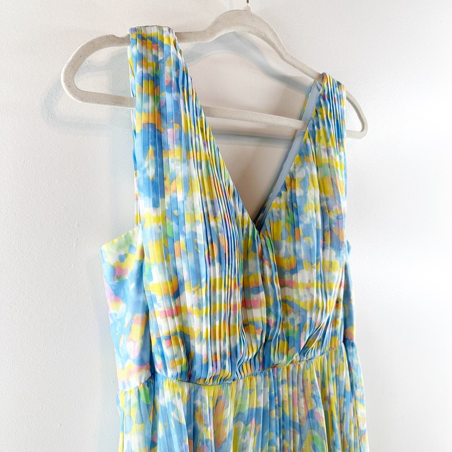 Laundry By Shelli Segal Pleated Knee High Slit Tie Dye Maxi Dress Blue Yellow 6