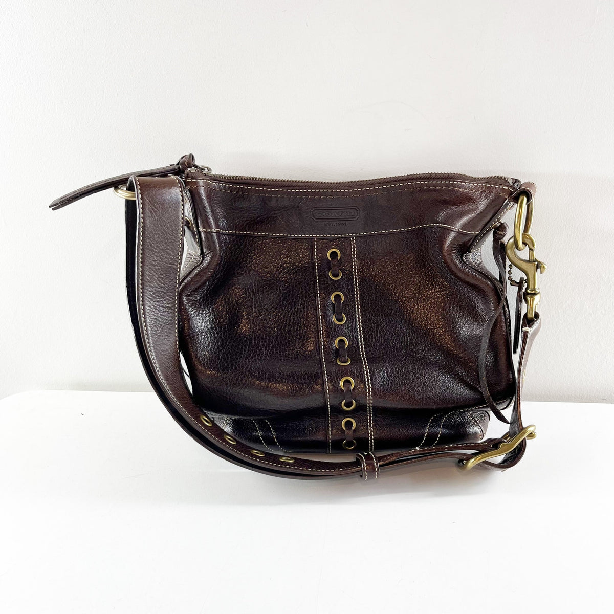 Coach Chelsea Leather Laced Crossbody Shoulder Purse Bag Brown