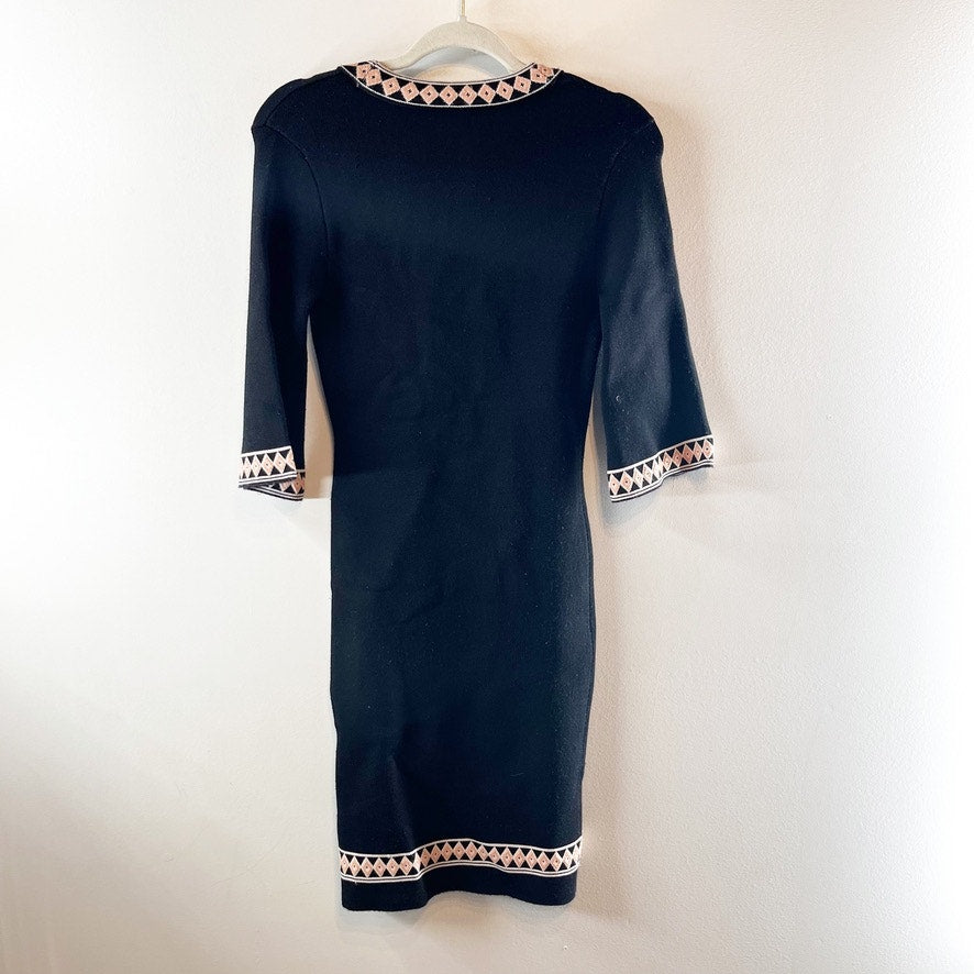 Ronny Kobo Geometric Trim V-Neck BodyCon Midi Dress Black XS