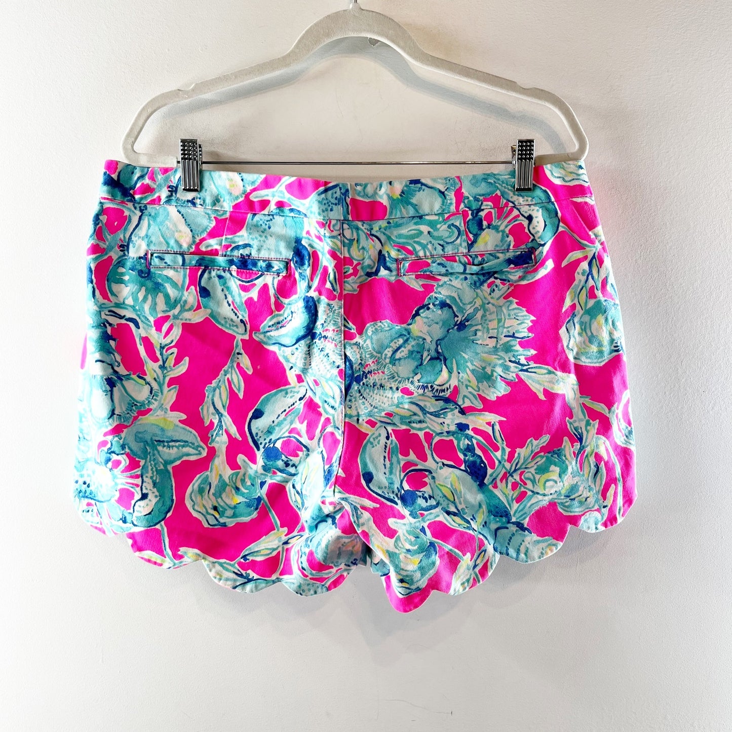 Lilly Pulitzer Buttercup Scalloped Hem 5" Mid Rise Shorts Teal Blue Pink 14