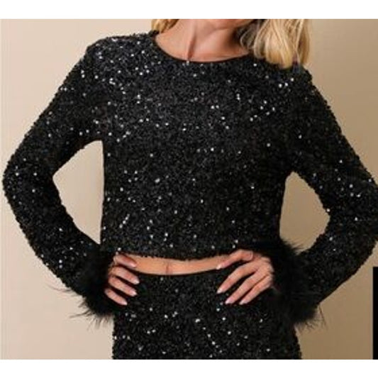 Lulus Sparklin Behavior Sequin Cropped Feather Long Sleeve Top Black XL