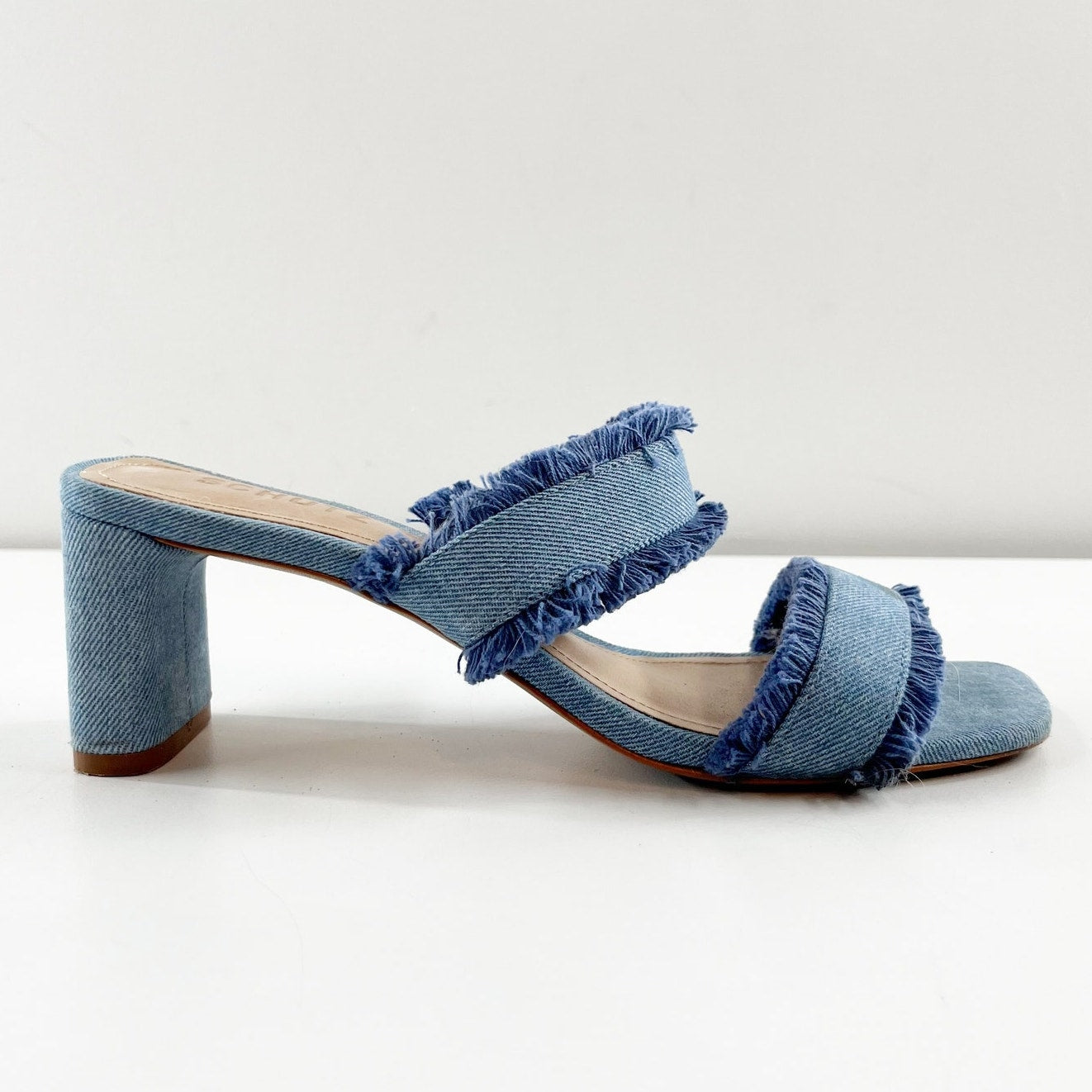 Schutz Amely Slip On Fringed Double Strap Mid Block Denim Mule Sandal Blue 8