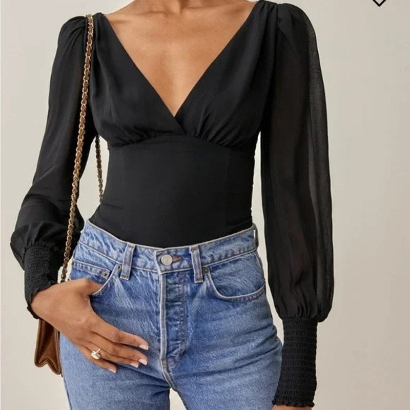 Reformation Michel Sheer Long Sleeve V Neck Tie Back Black Blouse Top 2