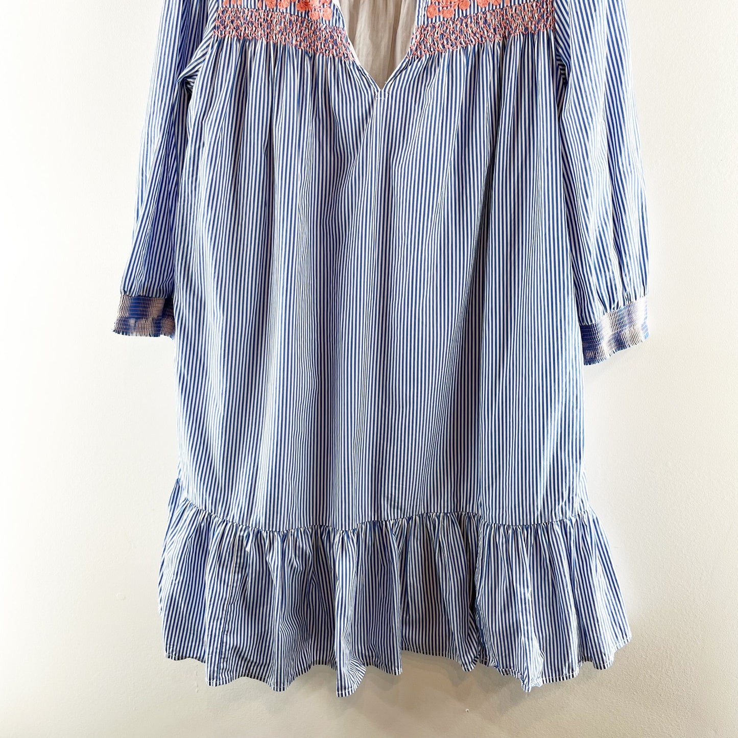 J. Crew Leda Popover Embroidered Striped 3/4 Sleeve Cotton Mini Dress Blue Small