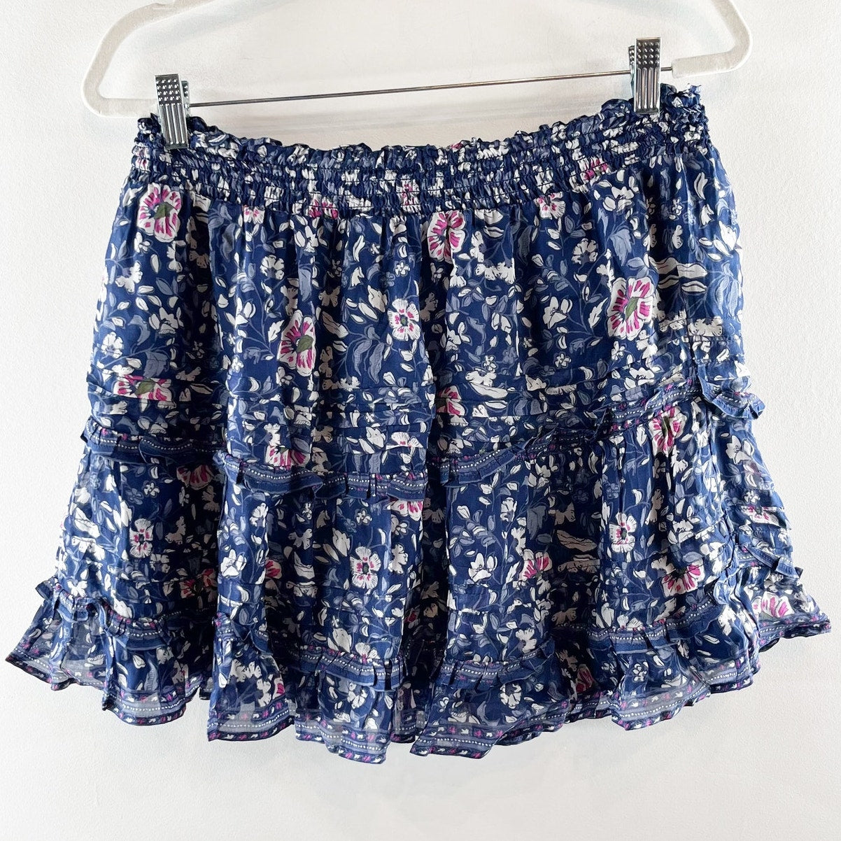 Vineyard Vines Pull On Floral Ruffle Tiered Mini Skirt Navy Blue Large