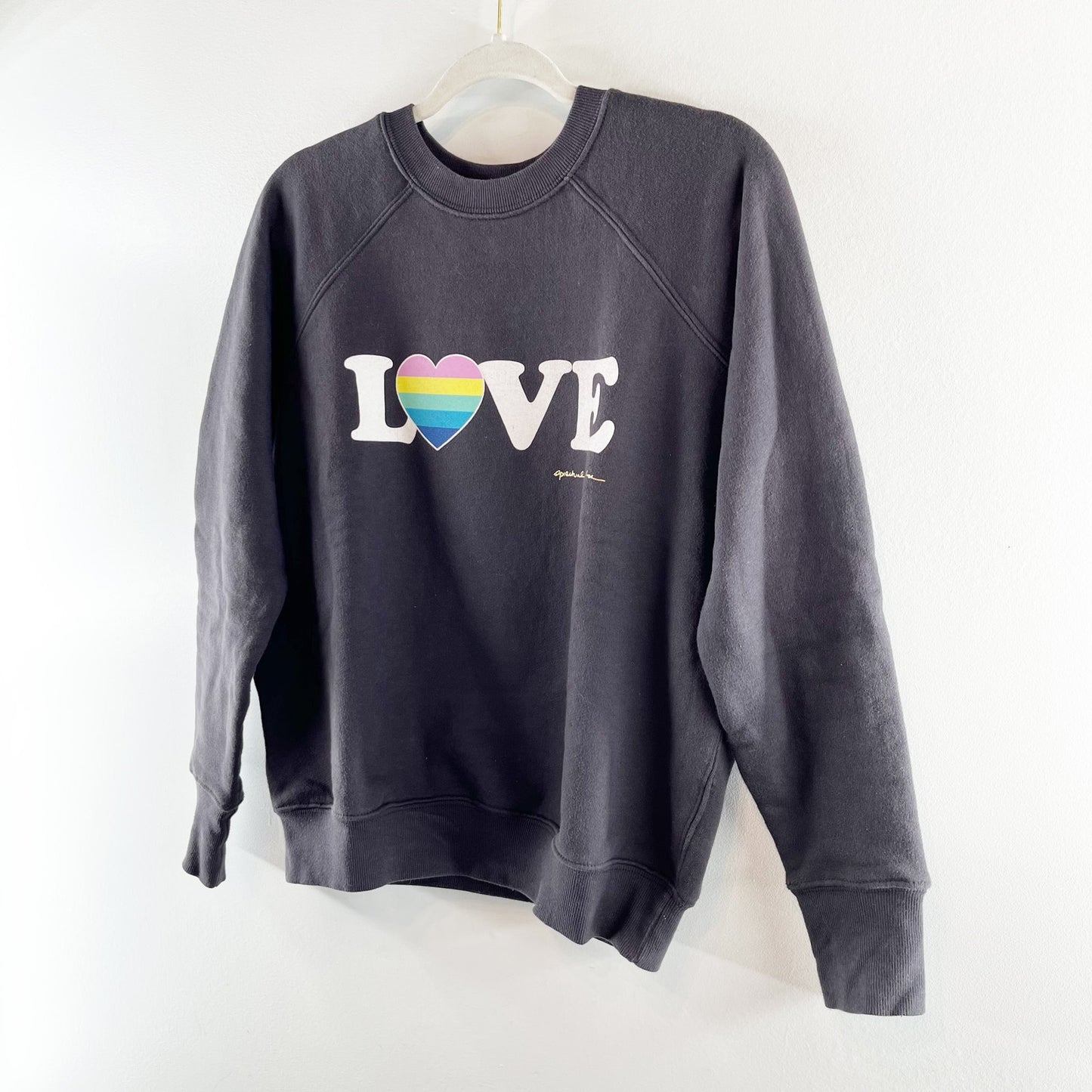 Spiritual Gangster Love Graphic Rainbow Heart Pullover Crewneck Sweatshirt Gray