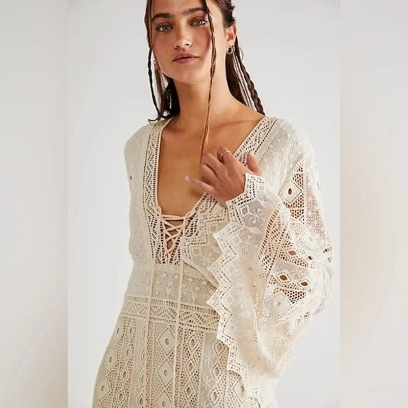 Jen’s Pirate Booty Chaouen Lace Crochet Boho Maxi Dress Ivory XS