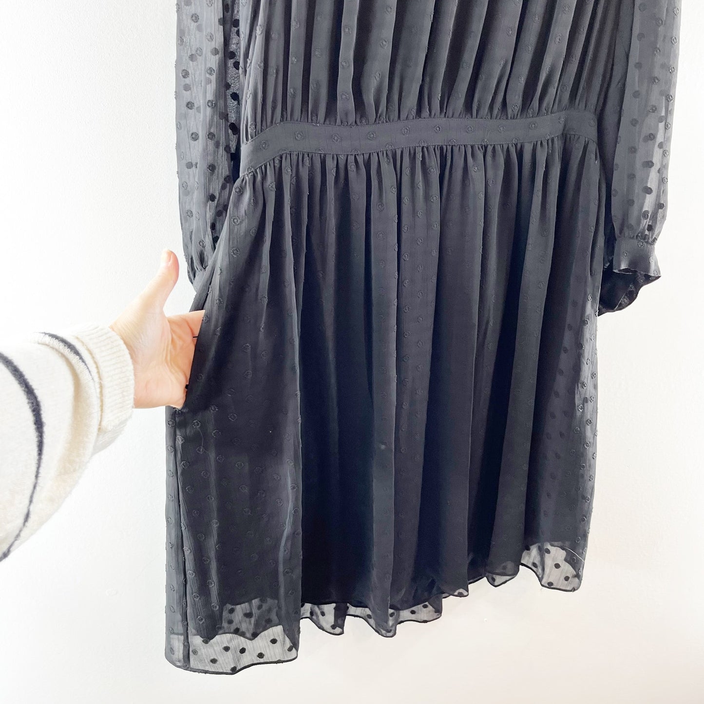 Rebecca Taylor 3/4 Sheer Sleeves Clip Dot Mini Dress Black 8