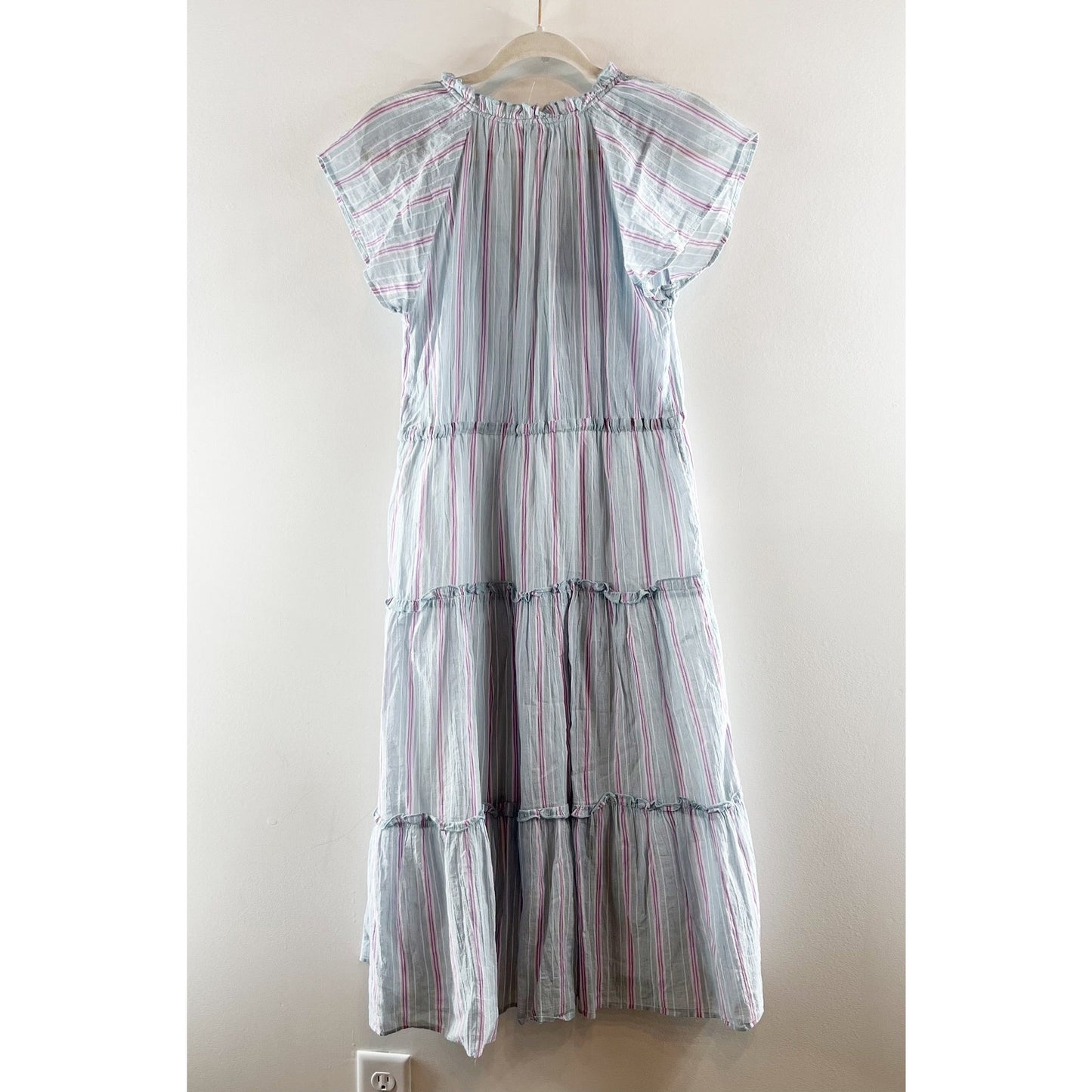 Rails Juni Short Sleeve Tiered Cotton Striped Midi Sundress Placid Blue XS