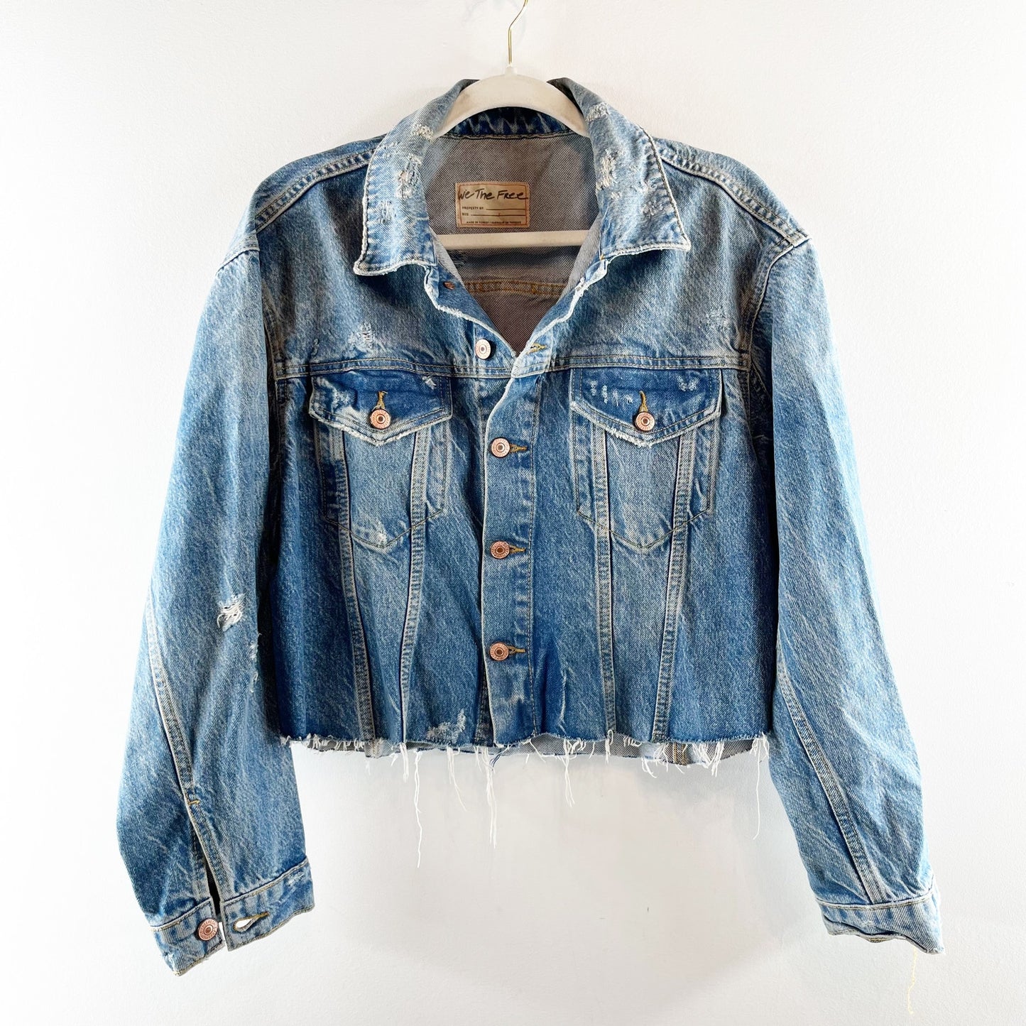 Free People Amelia Slouchy Raw Hem Trucker Jean Denim Jacket Blue Small