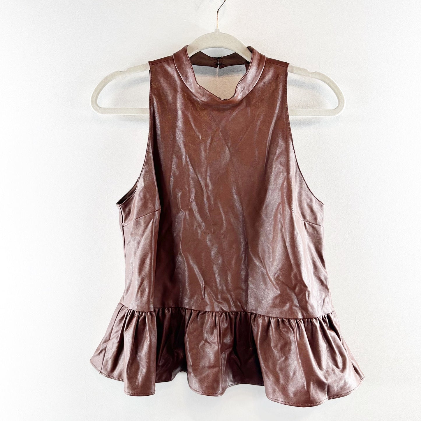 Amanda Uprichard Faux Leather Anders Peplum Ruffle Tank Top Brown Small