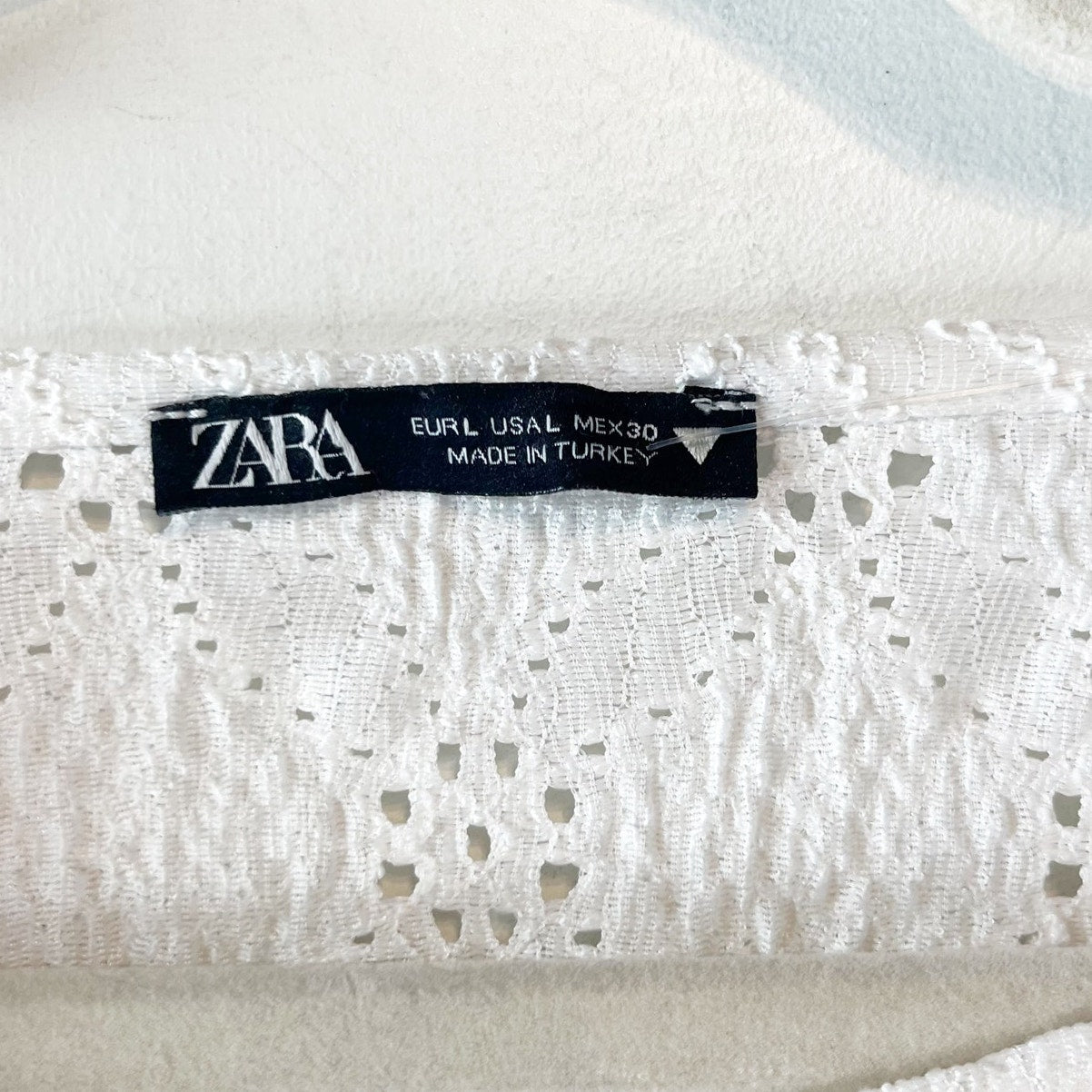 ZARA Long Sleeve Lace Pointelle Balloon Sleeve Blouse White Large