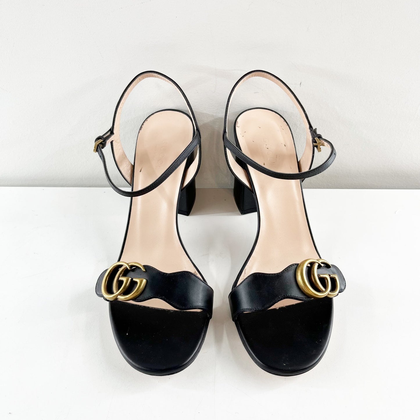 Gucci Marmont Leather Gold GG Logo Block Heel Ankle Strap Pump Sandals Black 39