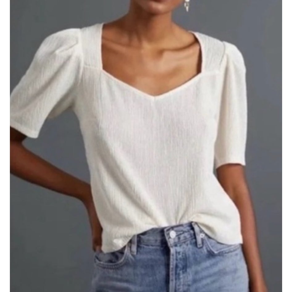Anthropologie Sunday Brooklyn Plisse Bow Top Cream XS