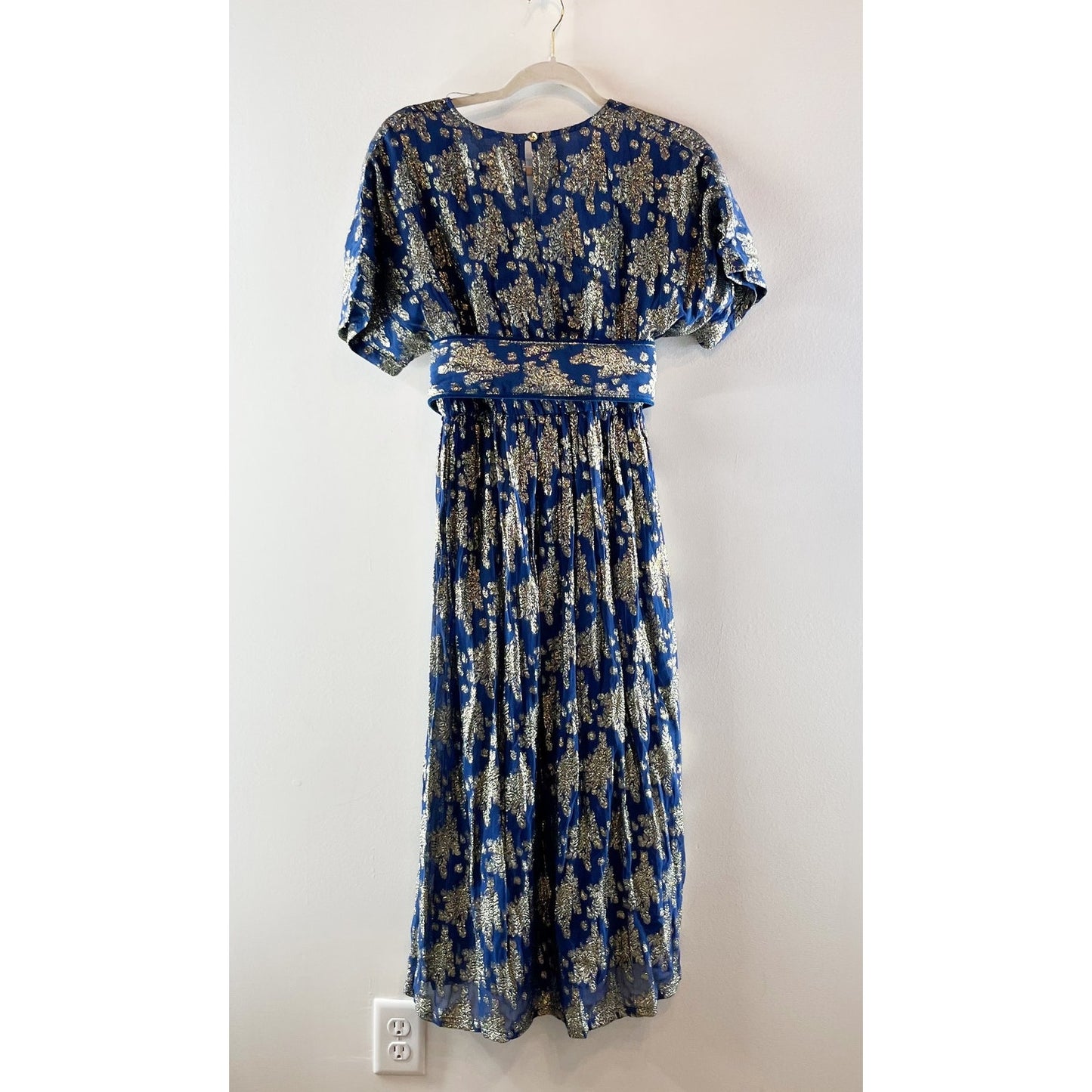 Beau & Ro Retro Belted Short Sleeve Midi Dress Navy Floral Shine Blue Gold Small