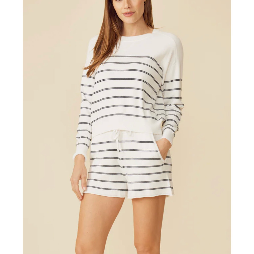 One Grey Day Striped Long Sleeve Pullover with Matching Shorts White Black XS/S