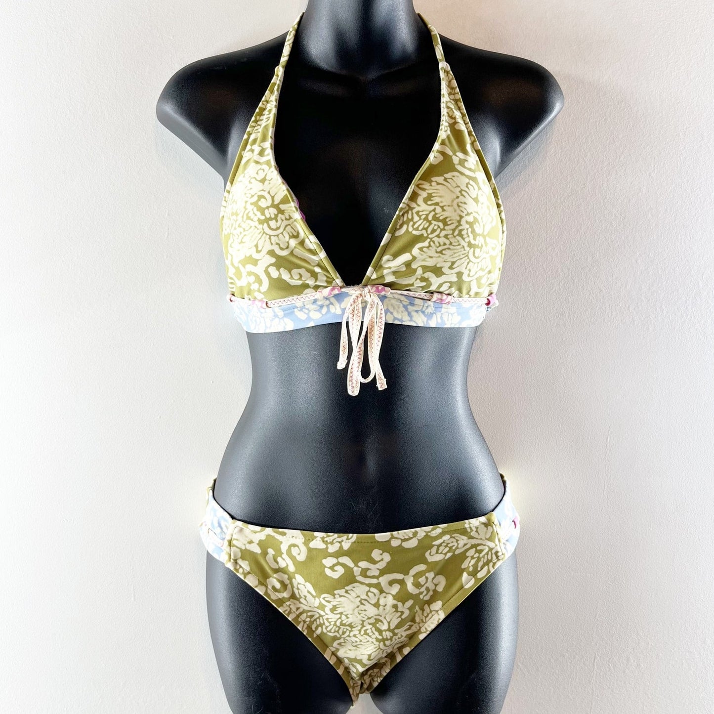 Lucky Brand Floral Halter Neck Bikini Top & Bikini Bottom Bathing Suit Green M