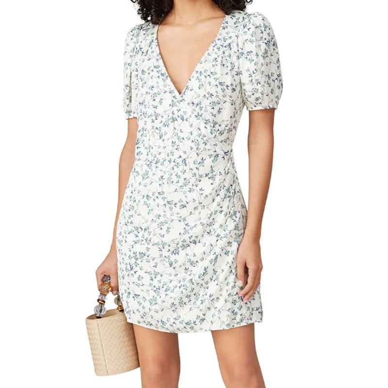 Greylin Gabi Puff Sleeve Floral V Neck Mini Dress White Blue Green Small