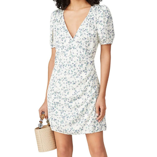 Greylin Gabi Puff Sleeve Floral V Neck Mini Dress White Blue Green Small