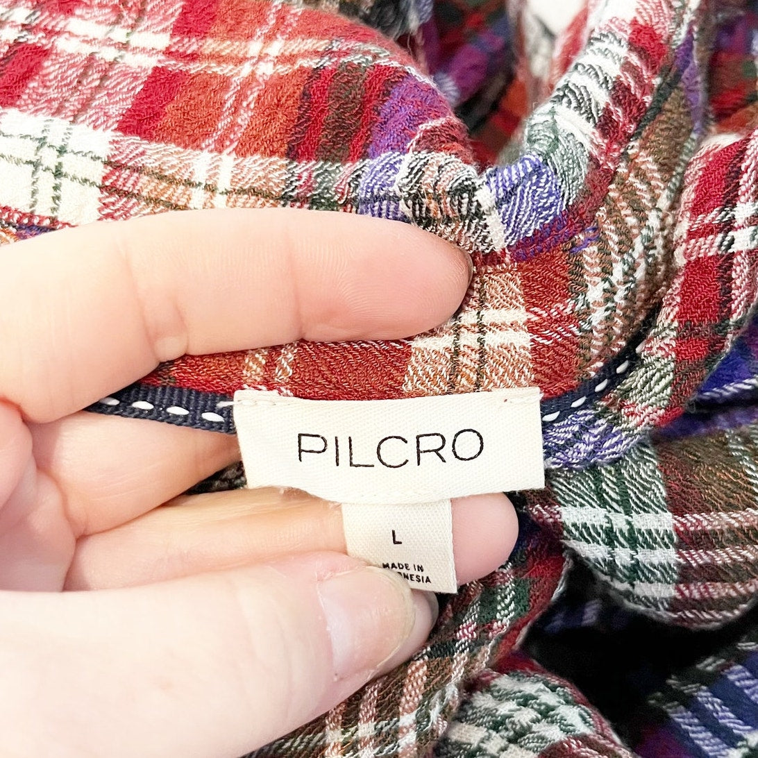 Anthropologie Pilcro Ruched Deep V Plaid Buttondown Shirt Blue Red Large