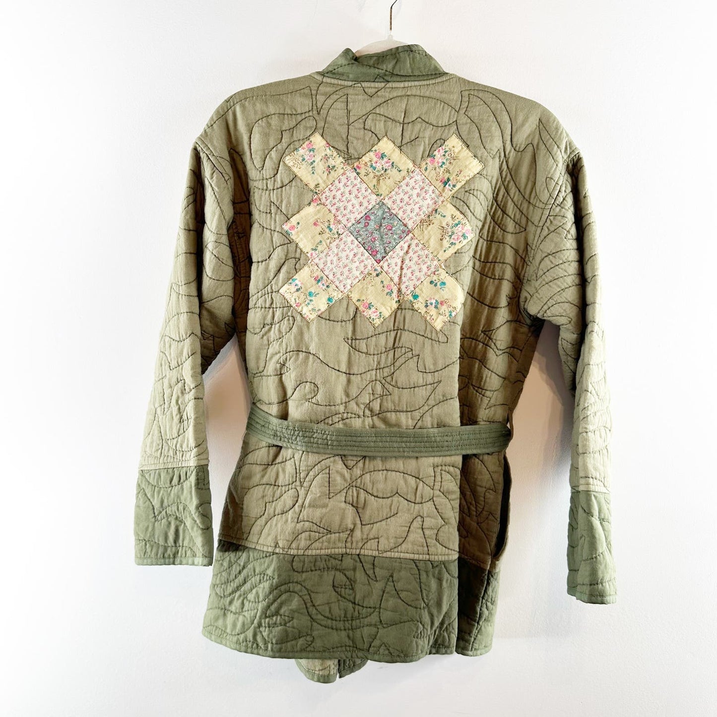 Anthropologie Quilted Kimono Patchwork Wrap Belted Jacket Green Small