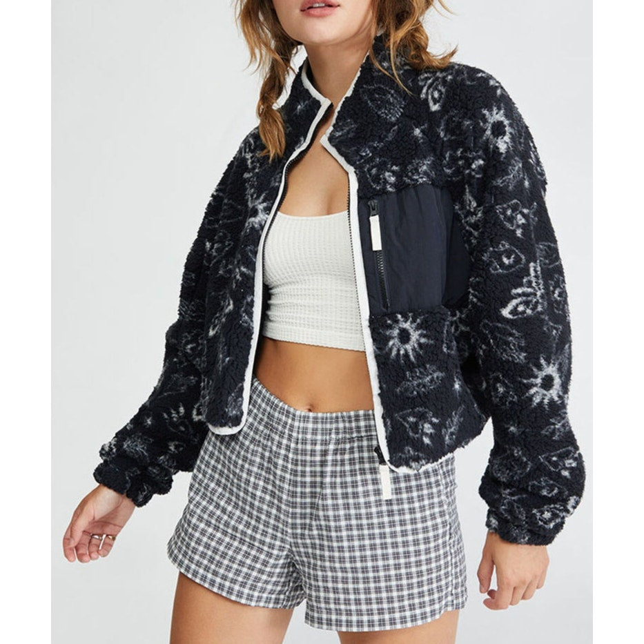 Pacsun Celestial Doodle Cropped Full Zip Sherpa Fleece Jacket Black White Medium