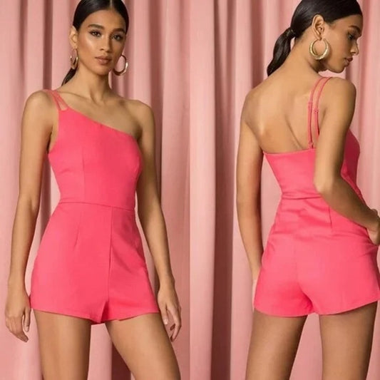 Superdown Ramona One Shoulder Shorts Romper Pink Small